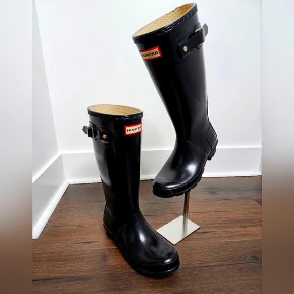 Hunter Womens Original Tall Black Glossy Knee-High Rain Boots Sz 5 - Picture 1 of 11